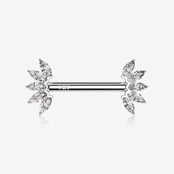 A Pair of 14 Karat White Gold OneFit Threadless Marquise Sparkle Floral Nipple Barbell-Clear Gem